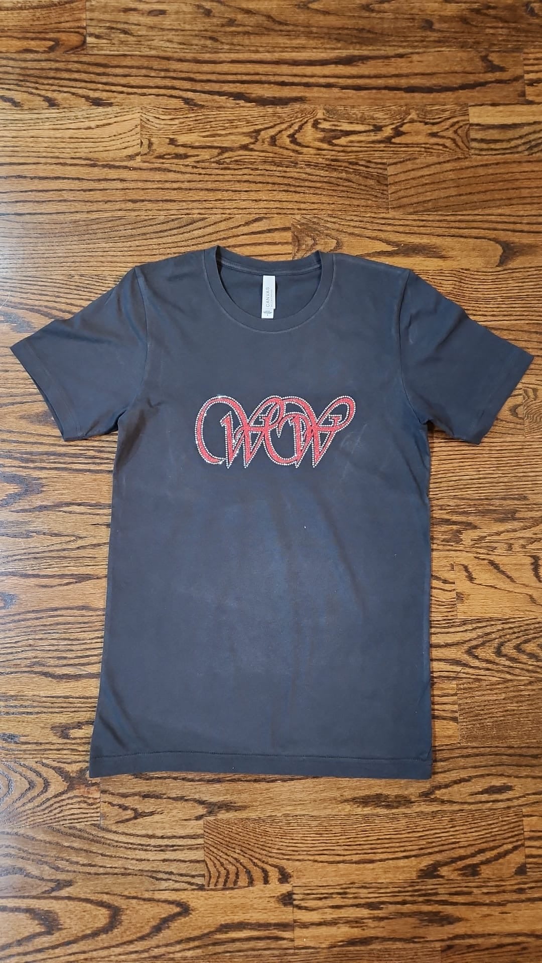 Red Glitter WOW logo with Crystals - Dark Gray shirt