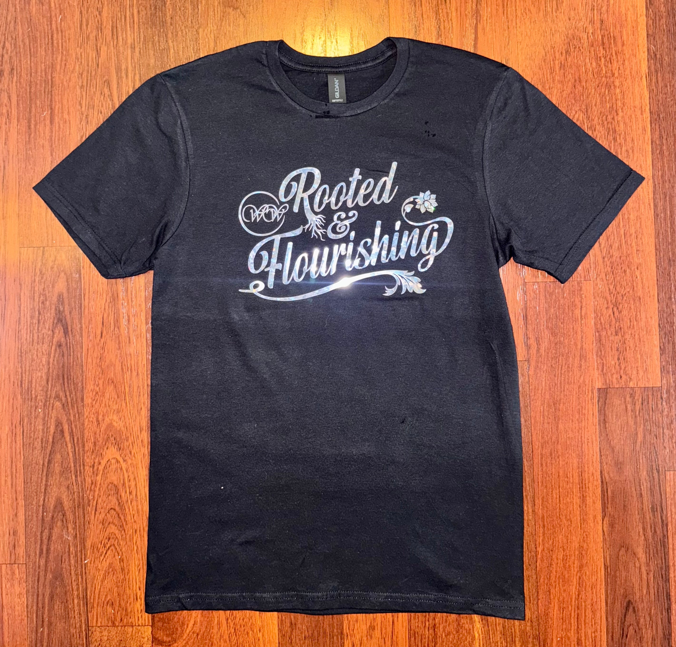 Black Short Sleeve - Rooted & Flourishing - Silver Hologram