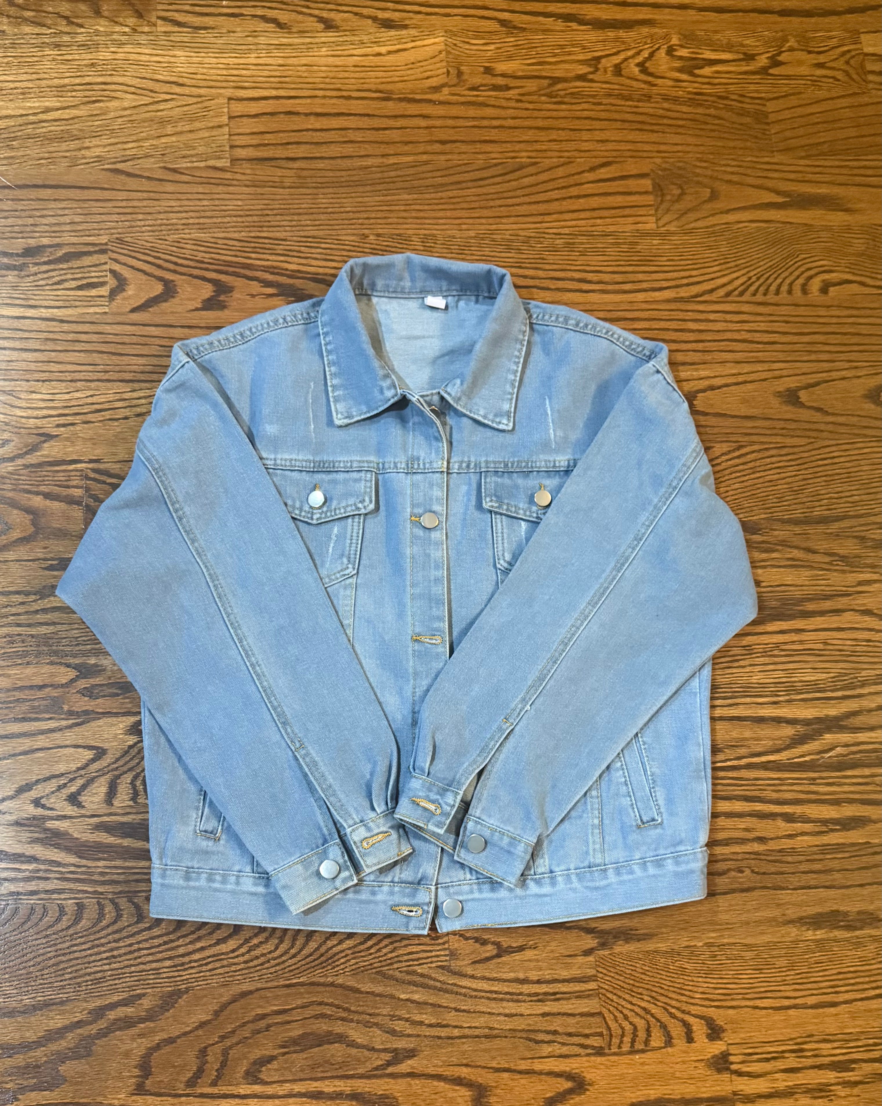 Distressed Blue Denim Jacket with Iridescent WOW Crystals