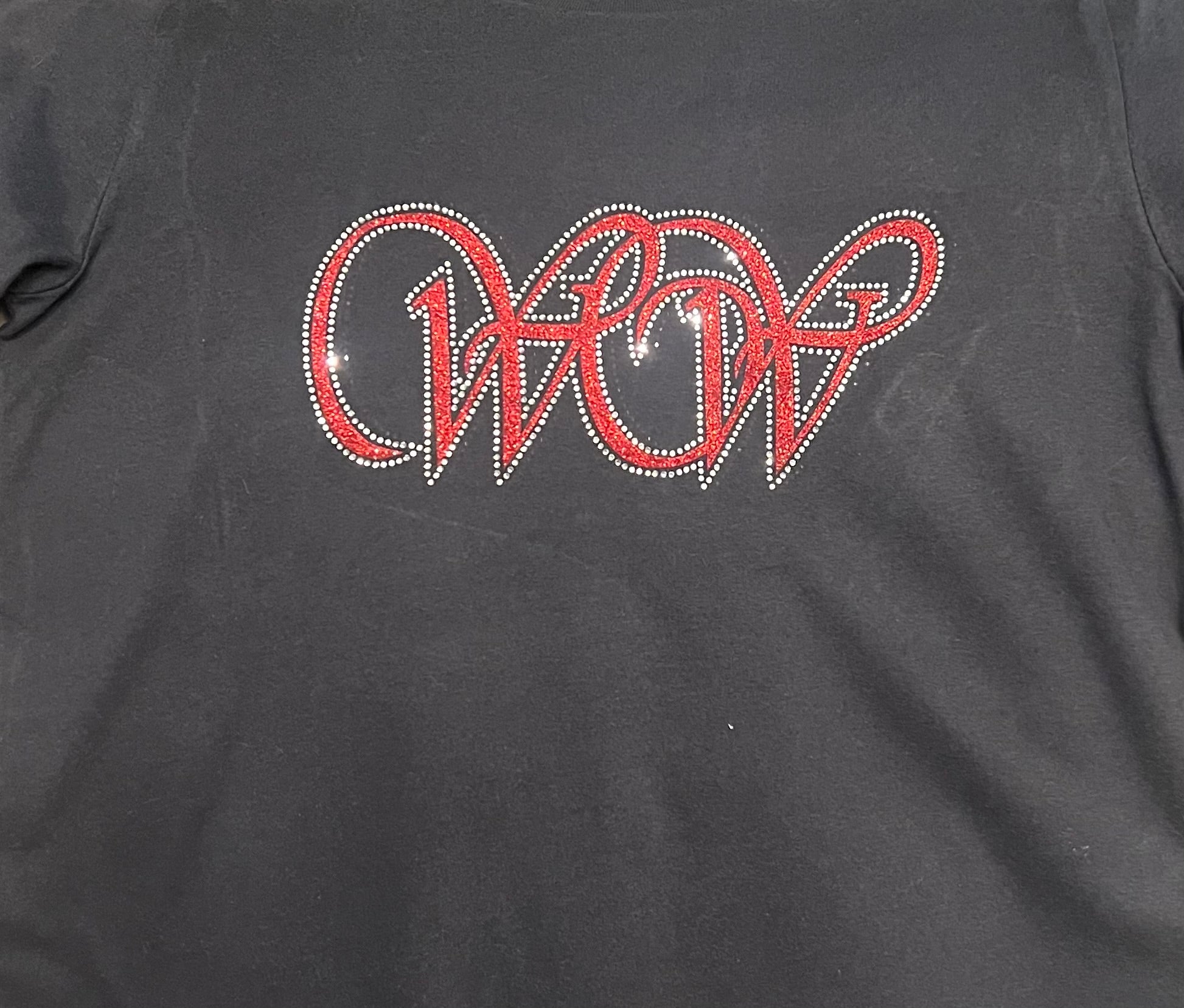 Red Glitter WOW logo with Crystals - Dark Gray shirt