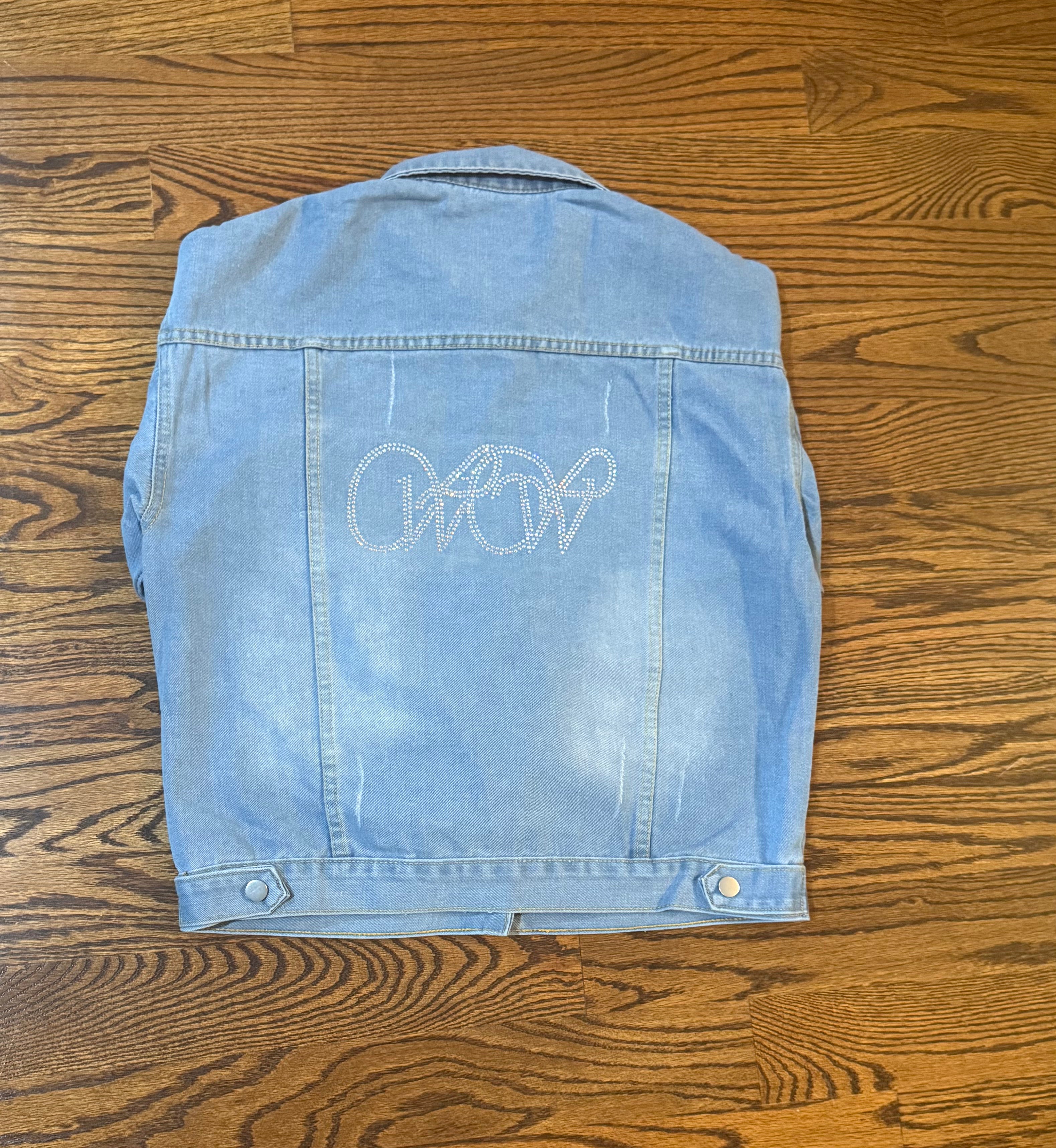 Distressed Blue Denim Jacket with Iridescent WOW Crystals