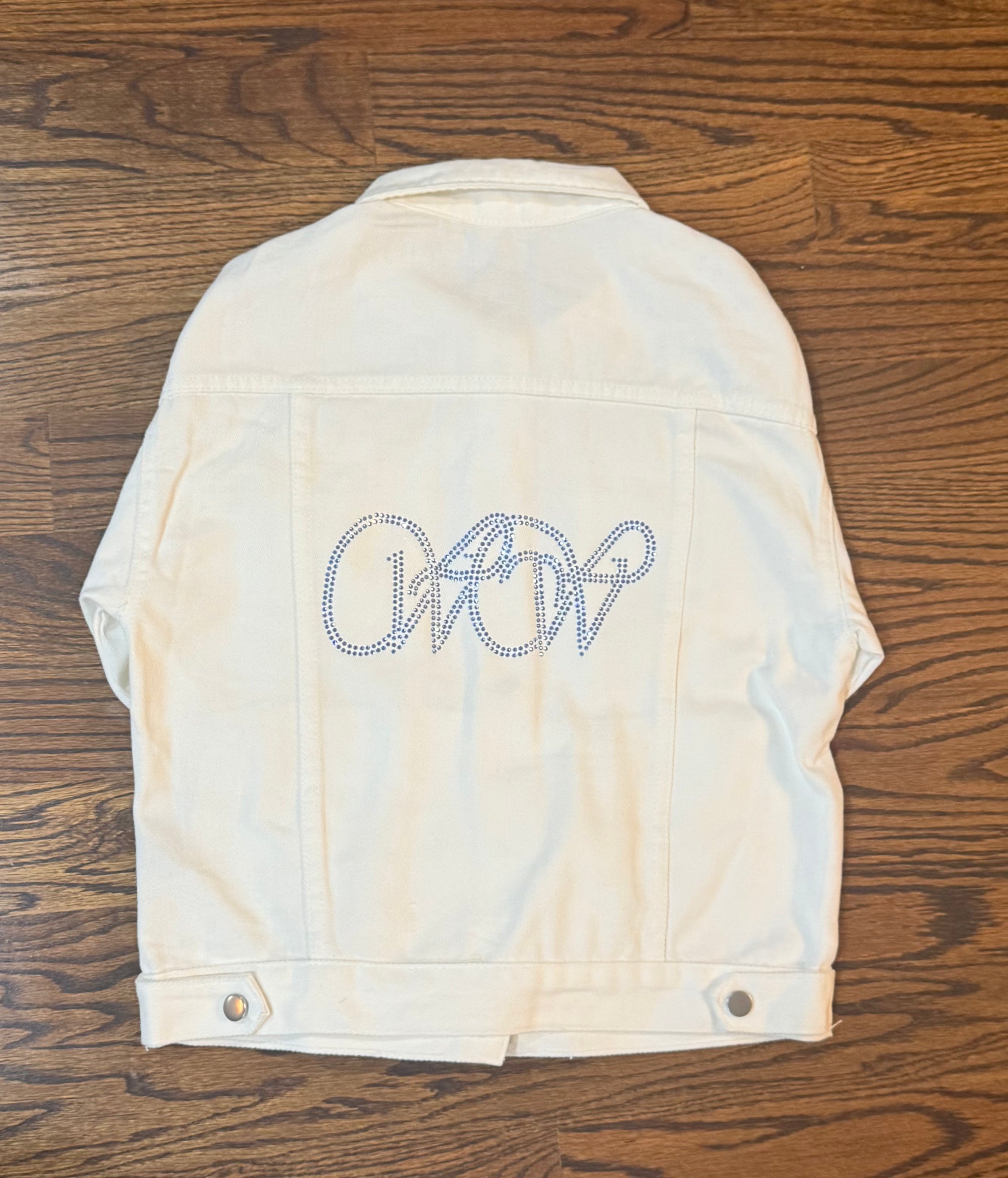 White Denim Jacket with Blue WOW Crystals