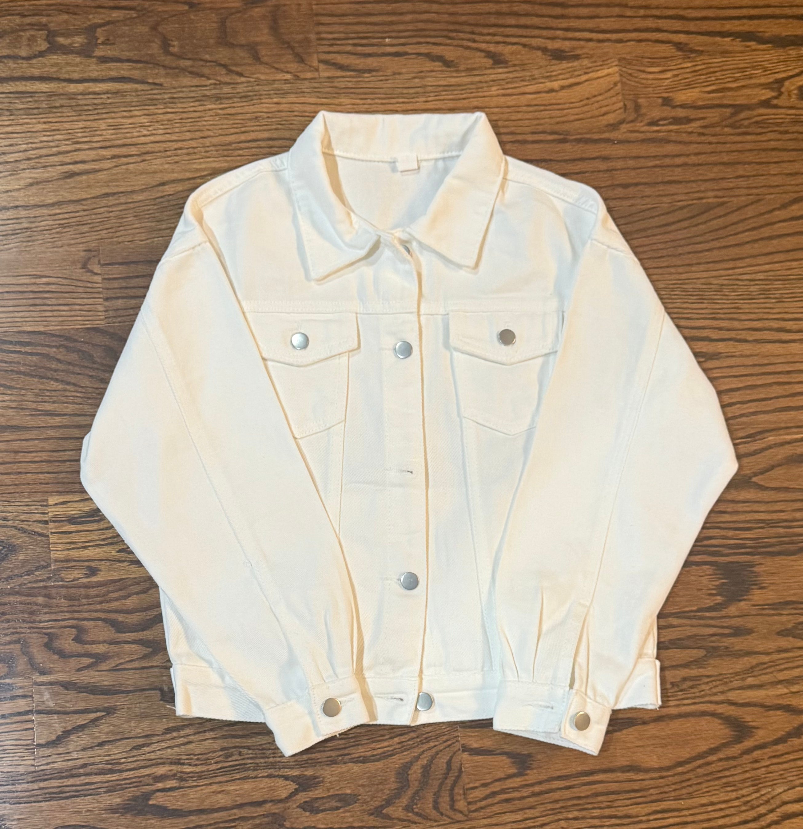 White Denim Jacket with Blue WOW Crystals