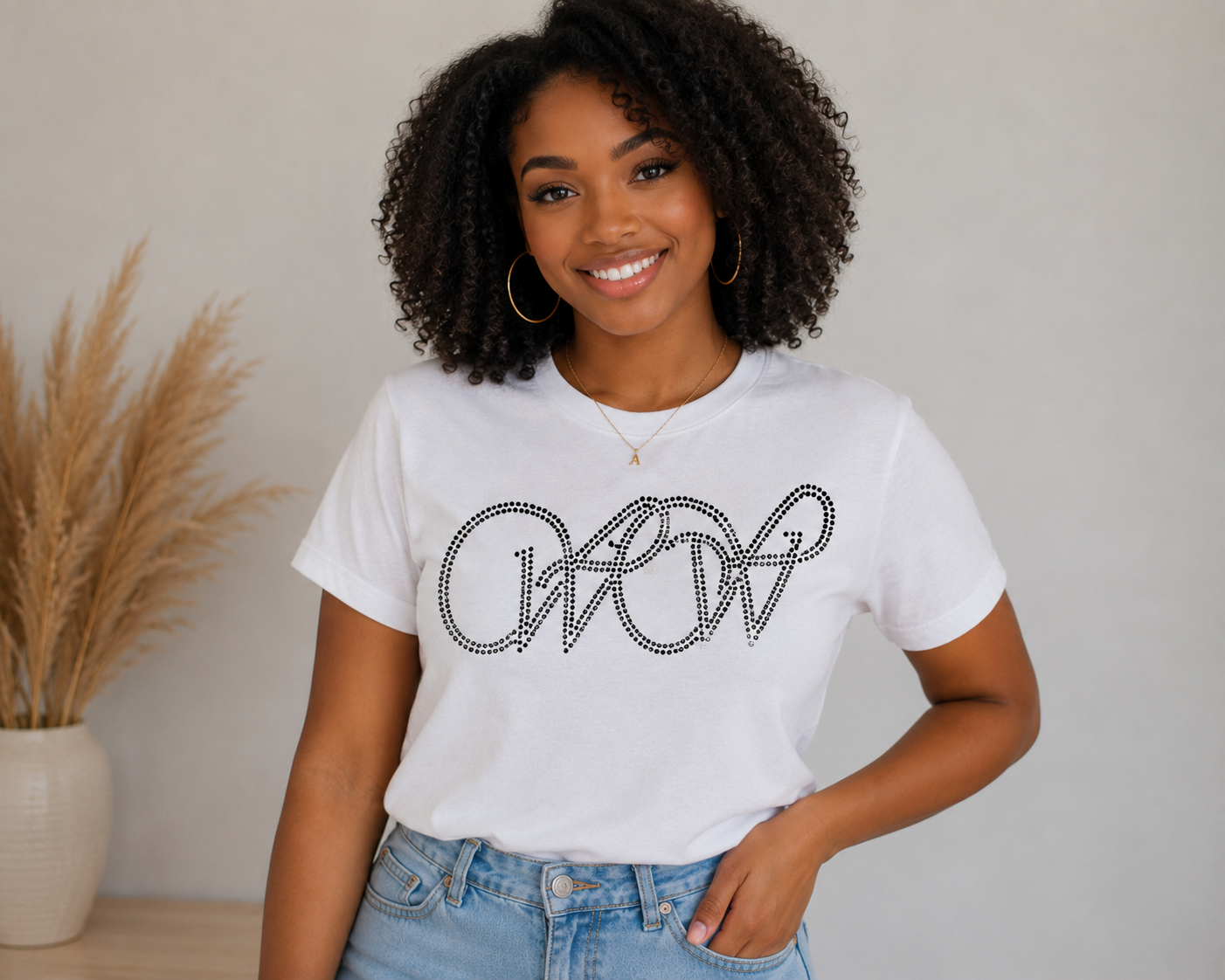Light Grey  short sleeve - Signature WOW logo - Black Crystals
